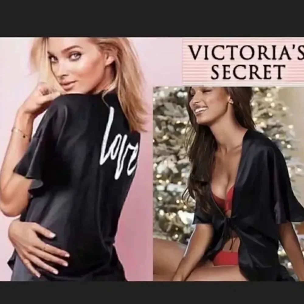 Victorias Secret Black Satin Kimono Open Front Tie Robe Love One Size